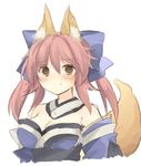  absurdres animal_ears bare_shoulders blush bow breasts cleavage detached_sleeves fate/extra fate_(series) fox_ears fox_tail hair_bow hair_ribbon highres japanese_clothes large_breasts long_hair looking_at_viewer minami_(kiminitokimeki) pink_hair ribbon simple_background solo tail tamamo_(fate)_(all) tamamo_no_mae_(fate) twintails upper_body white_background yellow_eyes 