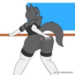  2015 anthro anus backsack balls bent_over big_butt blue_eyes bottomless butt butt_grab canine clothed clothing elbow_gloves erection fur girly gloves grey_fur half-dressed hand_on_butt leaning legwear looking_at_viewer looking_back male mammal penis presenting presenting_hindquarters rear_view rksparkster_(artist) samuraiwolfsakamoto shirt smile solo tank_top thigh_highs wolf 