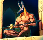  abs animal_ears anubis_(stand) c-7_(assate) collarbone glowing holding holding_sword holding_weapon indian_style jojo_no_kimyou_na_bouken male_focus muscle no_humans nude shirtless sitting snout solo stand_(jojo) sword weapon 