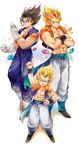  ayo_(isy8800) bad_id bad_pixiv_id bare_chest black_hair blonde_hair boots brown_eyes crossed_arms dougi dragon_ball dragon_ball_z earrings gloves gogeta gotenks green_eyes highres jewelry male_focus multiple_boys potara_earrings sparkle super_saiyan time_paradox vegetto vest white_footwear white_gloves wristband 