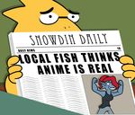  alphys blue_skin duo english_text eyewear female fish glasses glux2 marine monster newspaper parody scales scalie sharp_teeth smile teeth text the_simpsons undertale undyne yellow_scales 