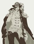  69bones black_hair cigar epaulettes eyepatch hat hook_hand jewelry long_coat long_hair male_focus monochrome one_piece pirate_hat ring scar sir_crocodile smoking solo thumb_ring 