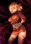  amputee blonde_hair breasts caesty gloves grin hair_over_one_eye hellsing large_breasts miniskirt nose red_eyes seras_victoria short_hair skirt sleeves_rolled_up smile smoke solo thighhighs torn_clothes torn_legwear uniform vampire white_gloves zettai_ryouiki 
