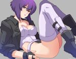  breasts cleavage fingerless_gloves ghost_in_the_shell ghost_in_the_shell_stand_alone_complex gloves jacket katsuoboshi kusanagi_motoko large_breasts leotard looking_at_viewer lying parted_lips purple_hair red_eyes short_hair solo thighhighs 