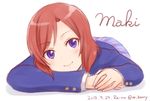  2015 artist_name blazer blush closed_mouth dated face ha-ru jacket love_live! love_live!_school_idol_project lying nishikino_maki on_stomach otonokizaka_school_uniform plaid plaid_skirt purple_eyes red_hair school_uniform skirt smile solo twitter_username 