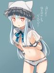  blue_hair bow bow_panties capelet finger_wagging groin hand_on_hip hat highres leaning_forward long_hair navel no_pants nosuku open_mouth original panties red_eyes sidelocks simple_background solo symbol-shaped_pupils translation_request underwear white_panties wrist_wrap 