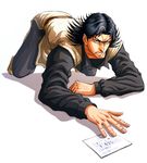  all_fours angry biting black_hair brown_eyes c-7_(assate) jojo_no_kimyou_na_bouken lip_biting male_focus receipt shadow solo stardust_crusaders steely_dan translation_request 