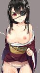  ao_no_neko black_hair blush braid breasts brown_eyes bukkake clothes_lift cum cum_on_body cum_on_breasts cum_on_hair cum_on_lower_body cum_on_upper_body eyepatch facial hair_ornament highres japanese_clothes kimono kimono_lift large_breasts long_hair lowleg lowleg_panties nipples obi off_shoulder original panties sash side-tie_panties solo tears underwear 