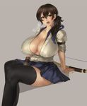  bow_(weapon) breasts breath cleavage commentary eu03 gloves hair_between_eyes highres huge_breasts japanese_clothes kaga_(kantai_collection) kantai_collection no_bra older partly_fingerless_gloves sagging_breasts side_ponytail single_glove skirt solo sweat tasuki weapon yugake 