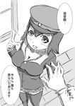  akitsu_maru_(kantai_collection) arm_grab black_hat black_legwear breasts cleavage commentary_request greyscale hair_between_eyes hat hfmsgr kantai_collection large_breasts long_sleeves miniskirt monochrome open_mouth pleated_skirt pointing pointing_up remodel_(kantai_collection) short_hair skirt smile thighhighs translation_request window 