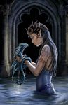  anne_stokes artist_name black_eyes black_hair dragon dress earrings jewelry looking_at_another original partially_submerged pillar pointy_ears scales signature sleeveless sleeveless_dress tattoo water water_dragon water_drop watermark web_address 