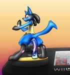  2015 amiibo anal anal_penetration animal_genitalia backsack balls black_fur blue_fur blush butt canine canine_penis chronowolf_(artist) controller cum dripping fur hi_res lucario male mammal nintendo paws penetration penis pok&eacute;mon pole saliva shocked smash solo super_smash_bros surprise television tentacles translucent video_games wii_u 