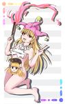  blonde_hair breasts censor_text censored clownpiece eyes_visible_through_hair grey_background hat highres hips hiyashi_mikan jester_cap junko_(touhou) legs long_hair looking_at_viewer novelty_censor nude oota_jun'ya_(style) open_mouth pointy_ears red_eyes shirt_removed small_breasts solo striped striped_background teeth thighs toes tongue torch touhou translated underwear v very_long_hair 