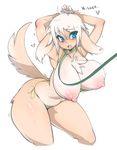 &lt;3 1girl animal_ears anthro areolae armpits arms_behind_head arms_up ass big_breasts bikini blue_eyes blush borrowed_character breasts canine chest_tuft clothing collar curvy dog_collar dog_ears dog_tail fangs female fur furry grey_hair heart huge_ass huge_breasts leash looking_at_viewer mammal navel nipples open_mouth original puffy_nipples saliva slugbox solo stomach swimsuit tail thick_thighs trembling tuft wide_hips 