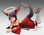  2015 bad_id bad_pixiv_id black_hair breasts chin_rest choker dated detached_sleeves dress earrings elin_(tera) full_body glint gradient gradient_background halo hanbok head_wings high_heels jewelry korean_clothes looking_up lying medium_breasts noixen number on_stomach purple_eyes shoes short_hair smile solo tail tera_online thighhighs white_legwear 