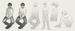  1boy black_hair denim eyepatch highres honya_lala jeans male_focus nude original pants partially_colored reference_sheet sitting sweater 