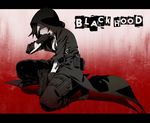  belt bikini_top black_hair black_hood blood blood_on_face blue_eyes boots cross gloves highres holster hood jewelry kamezaemon kneeling knife multicolored_hair necklace original pants solo thigh_holster two-tone_hair white_hair 