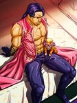  abs bare_chest bed c-7_(assate) coat devo ebony_devil from_above gloves jojo_no_kimyou_na_bouken long_hair looking_at_viewer puppet purple_hair scar stand_(jojo) stardust_crusaders 