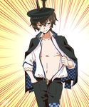  artist_name brown_hair cowboy_shot emphasis_lines gakuran green_eyes hand_in_pocket hat jacket_on_shoulders kabutomoaki male_focus nipples open_clothes open_fly open_shirt peaked_cap personification school_uniform shikido_(khf) shirt shirt_pull show_by_rock!! smile solo stalk_in_mouth straw_(stalk) unbuckled_belt unzipped 