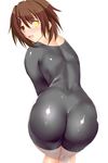  :o ass bangs blush bodysuit brown_hair from_behind furutaka_(kantai_collection) glowing glowing_eye hair_between_eyes hair_ornament hairclip highres kantai_collection kneepits leaning_forward looking_at_viewer looking_back nose_blush open_mouth rokushiru_(muzai-p) shiny shiny_clothes short_hair simple_background skin_tight solo white_background yellow_eyes 
