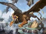  dreadlocks feathered_wings feathers feral flying landscape magic_the_gathering male official_art quadruped signature solo sphinx spread_wings waterfall wings zack_stella 