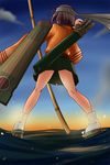  arrow bow_(weapon) brown_hair flight_deck from_behind hachimaki headband highres hiryuu_(kantai_collection) kantai_collection nishi_koutarou quiver sandals short_hair skirt solo sunset water weapon 