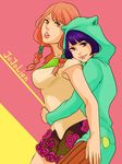  animal_ears braid copyright_name fake_animal_ears flower hair_bobbles hair_ornament hako_(manboow) higashikata_daiya hirose_yasuho hood hoodie hug hug_from_behind jojo_no_kimyou_na_bouken jojolion multiple_girls orange_eyes pantyhose pink_hair purple_eyes purple_hair rose skirt smile striped striped_legwear twin_braids 