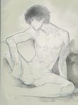  arm_support bandaid bandaid_on_neck graphite_(medium) honya_lala looking_to_the_side male_focus no_penis nude original sitting solo spread_legs traditional_media 