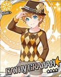  aqua_eyes artist_request blonde_hair card_(medium) cathy_graham character_name earrings eyebrows hat idolmaster idolmaster_cinderella_girls jewelry official_art orange_background short_hair shorts solo sparkle sun_(symbol) 