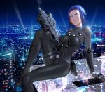  blue_eyes blue_hair bodysuit city covered_nipples cyborg ghost_in_the_shell ghost_in_the_shell_arise gun impossible_clothes kusanagi_motoko looking_at_viewer short_hair short_messy_bangs sitting solo tatsumaru thigh_strap weapon 