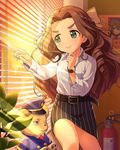  artist_request belt blinds bow braid brown_hair fire_extinguisher green_eyes hair_bow hair_ornament half_updo idolmaster idolmaster_cinderella_girls kusakabe_wakaba long_hair matoba_risa official_art pencil_skirt shirt skirt solo stuffed_animal stuffed_toy teddy_bear watch white_shirt wristwatch 