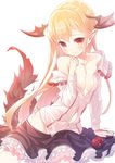  arm_support bangs bare_shoulders bat_wings blonde_hair blush demon_tail flower frilled_skirt frills granblue_fantasy head_wings long_hair long_sleeves loose_clothes multiple_tails off_shoulder open_clothes open_shirt panties patori pointy_ears red_eyes red_flower red_rose revision rose shingeki_no_bahamut shirt side-tie_panties simple_background skirt solo tail underwear vampire vampy very_long_hair white_panties white_shirt wings 