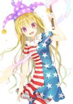  american_flag_dress american_flag_legwear blonde_hair clownpiece dress full_body hat holding jester_cap long_hair looking_at_viewer open_mouth pantyhose red_eyes shirt short_dress short_sleeves simple_background smile solo striped striped_dress striped_legwear tika_(mika4975) torch touhou white_background 