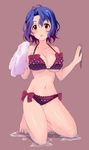  bikini blue_hair blush breasts brown_eyes cleavage commentary_request idolmaster idolmaster_million_live! large_breasts looking_at_viewer mioka_naota navel open_mouth ribbon short_hair solo swimsuit towel toyokawa_fuuka water wet 