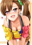  bad_id bad_pixiv_id bare_shoulders blush breasts brown_eyes brown_hair cleavage collarbone commentary_request downblouse extended_downblouse futami_mami heart idolmaster idolmaster_(classic) inu_(marukome) long_hair looking_at_viewer off_shoulder open_mouth revision scrunchie shirt shorts side_ponytail small_breasts smile solo spoken_heart 