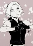  bare_shoulders clenched_hand daniel_macgregor fighting_stance fingerless_gloves gloves haruno_sakura looking_at_viewer monochrome naruto naruto_(series) short_hair smile solo upper_body vest zipper 