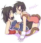  armor ayo_(isy8800) bad_id bad_pixiv_id black_hair brown_eyes dragon_ball dragon_ball_z earrings gine gloves grey_eyes jewelry monkey_tail multiple_girls seripa short_hair tail thighhighs translation_request white_gloves wristband yuri 