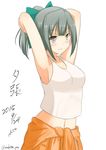  2015 adjusting_hair arms_behind_head arms_up artist_name bangs bow breasts clothes_around_waist collarbone dated green_hair hair_bow highres kantai_collection midriff navel ponytail shirt shirt_around_waist sideboob signature simple_background small_breasts solo tank_top tokito_yu twitter_username tying_hair white_background white_shirt yuubari_(kantai_collection) 