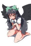  artificial_vagina black_hair bottomless bow brown_eyes d@i genderswap genderswap_(ftm) hair_bow long_hair looking_at_viewer male_focus male_masturbation masturbation penis reiuji_utsuho shirt solo sweat testicles touhou white_shirt wings 