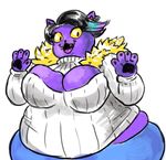  big_breasts black_hair blue_hair breasts cat catty_(undertale) cleavage clothed clothing ear_piercing feline female fur hair keyhole_turtleneck looking_at_viewer mammal multicolored_hair open_mouth overweight piercing purple_fur purple_hair solo sweater undertale unknown_artists 