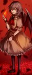  ascot bat_wings black_legwear blood blood_splatter brooch dress eredhen fang fire flame full_body highres jewelry lavender_hair looking_at_viewer no_hat no_headwear open_mouth pink_dress puffy_short_sleeves puffy_sleeves red_eyes remilia_scarlet revision short_sleeves slit_pupils solo touhou wings wrist_cuffs 