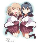  2girls 7001 :d ^_^ black_legwear blonde_hair blue_hair braid brown_eyes closed_eyes collarbone dated fang furutani_himawari hair_intakes hair_ornament hairband hairclip holding_hands interlocked_fingers kneehighs loafers looking_at_viewer multiple_girls nanamori_school_uniform oomuro_sakurako open_mouth school_uniform serafuku shoes smile twin_braids yuru_yuri 