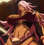  1girl angry breasts cleavage dark_skin dragonaut female garnet_mclane green_eyes hair_over_one_eye highres huge_breasts large_breasts lipstick long_hair looking_at_viewer makeup purple_hair purple_lipstick screencap solo stitched 