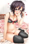  bad_id bad_pixiv_id bed black_bra black_hair black_legwear blush bottomless bra breasts cleavage collarbone commentary_request heart idolmaster idolmaster_(classic) inu_(marukome) kikuchi_makoto looking_at_viewer navel no_shirt on_bed open_mouth pillow playing_with_own_hair pubic_hair purple_eyes revision short_hair sitting sitting_on_bed small_breasts smile solo sweat thighhighs too_many underwear yes yes-no_pillow 