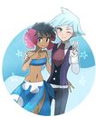  1girl bandeau bare_shoulders black_hair blue_eyes blue_sarong dark_skin elite_four flower fuyou_(pokemon) hair_flower hair_ornament hand_on_another's_shoulder jewelry kuroi_paseri looking_at_viewer midriff navel one_eye_closed pokemon pokemon_(game) pokemon_oras print_sarong ring sarong short_hair silver_eyes silver_hair smile strapless tsuwabuki_daigo v 