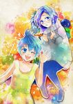  absurdres blue blue_eyes blue_hair character_name glasses highres inside_out joy_(inside_out) multiple_girls one_eye_closed open_mouth personification pixar sadness_(inside_out) short_hair smile twinkle_(emi519suu013) 