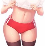  ass_visible_through_thighs breasts brown_legwear buruma close-up gym_uniform highres imizu_(nitro_unknown) lifted_by_self medium_breasts navel original panties red_panties revision shirt_lift simple_background solo stomach thighhighs thong underwear white_background 