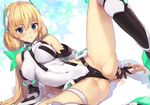  angela_balzac bare_shoulders black_gloves blonde_hair blue_eyes blush boots breasts cameltoe covered_navel covered_nipples elbow_gloves gloves grin hair_ornament headgear highres kawakami_rokkaku knee_boots large_breasts leg_lift leotard long_hair looking_at_viewer low_twintails lying partially_visible_vulva rakuen_tsuihou revision simple_background skin_tight smile solo spread_legs star twintails very_long_hair white_background 