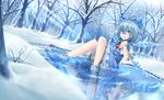  bathing blue_dress blue_eyes blue_hair cirno dress forest highres ice ice_wings looking_at_viewer mochi_(chain_csn) nature pond puffy_short_sleeves puffy_sleeves reflection revision shirt short_sleeves snow snowing solo touhou wings winter 