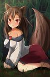  animal_ears bare_shoulders blush brooch brown_hair dress imaizumi_kagerou jewelry long_hair looking_at_viewer off_shoulder red_eyes revision shirt sitting skirt solo tail tendo touhou wariza werewolf wolf_ears wolf_tail 